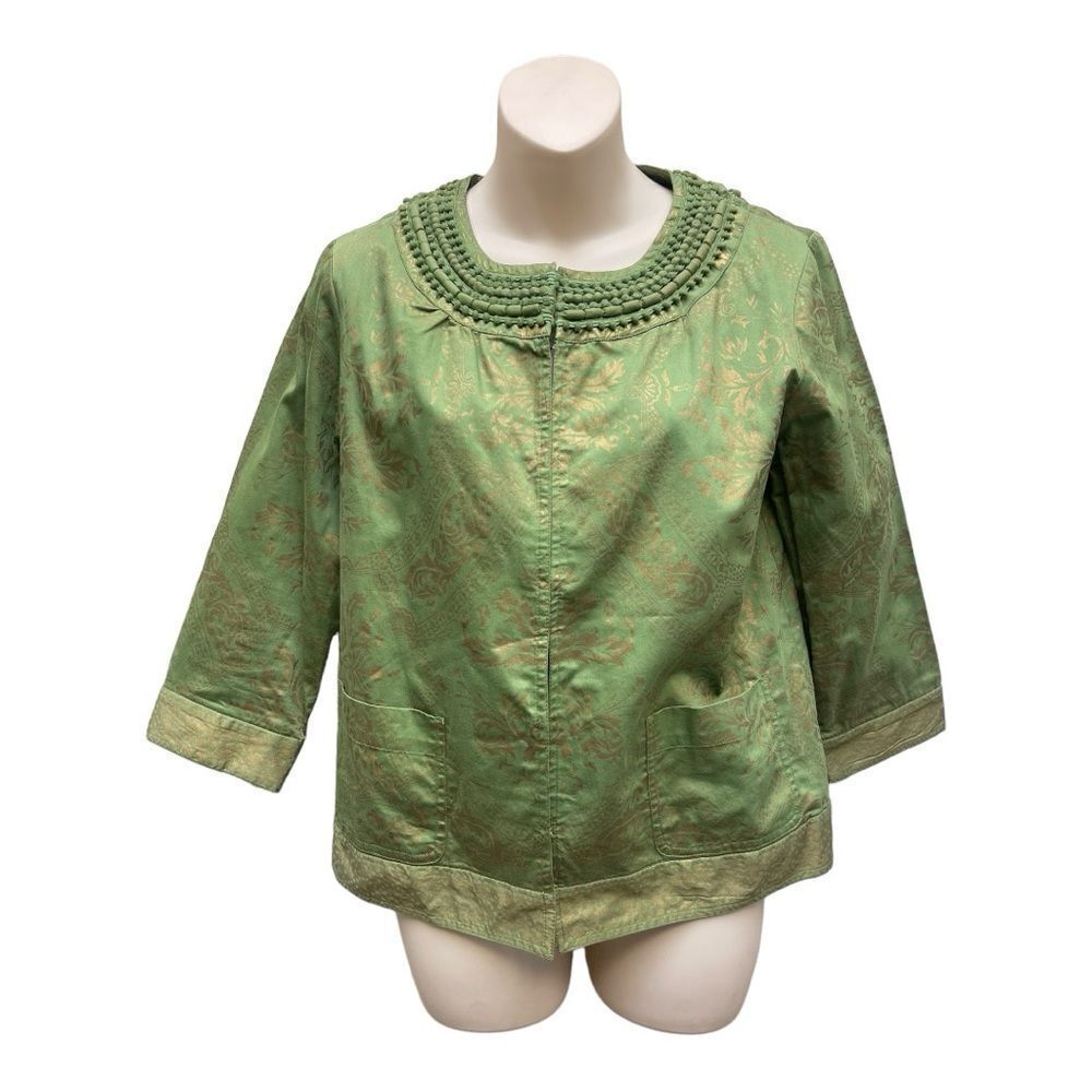 Chico’s Green Gold Shiny Cotton Embroidered Dots Trim Jacket Size 0 Small EUC